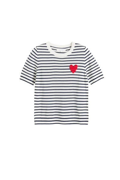Cream-Navy Merino Heart Breton T-shirt