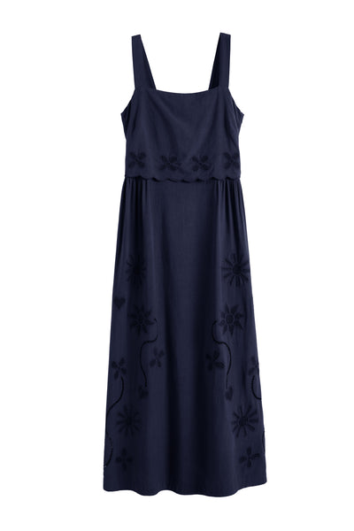 Navy Linen-Blend Broderie Summer Dress