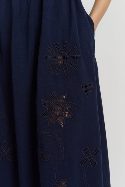 Navy Linen-Blend Broderie Summer Dress
