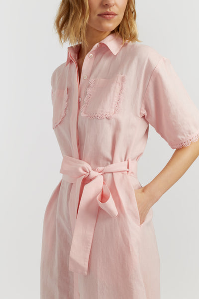 Light-Pink Linen-Blend Scallop Shirt Dress