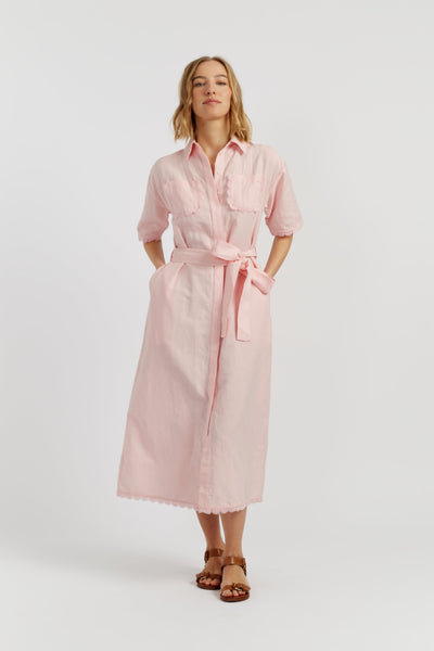 Light-Pink Linen-Blend Scallop Shirt Dress