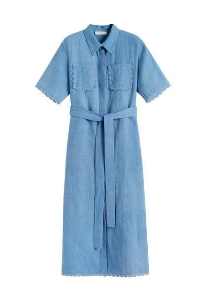 Dusty-Blue Linen-Blend Scallop Shirt Dress