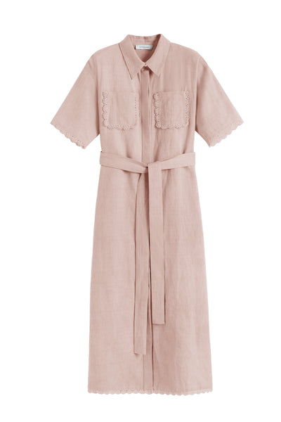 Light-Pink Linen-Blend Scallop Shirt Dress