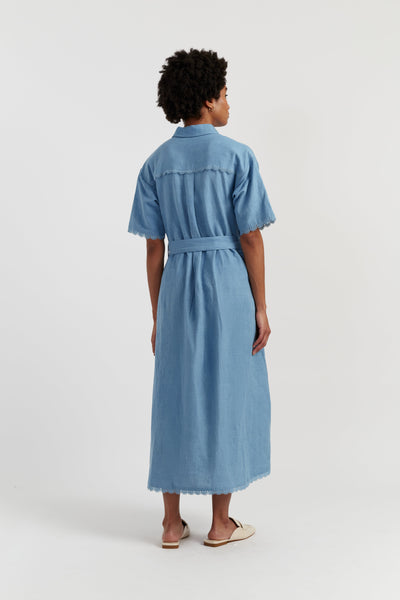 Dusty-Blue Linen-Blend Scallop Shirt Dress