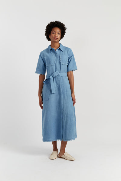 Dusty-Blue Linen-Blend Scallop Shirt Dress