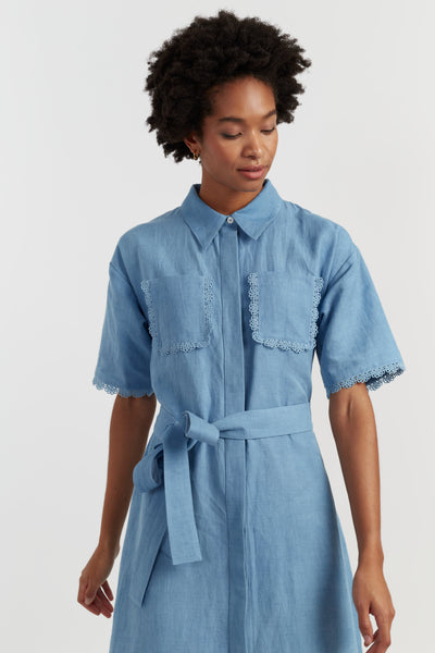 Dusty-Blue Linen-Blend Scallop Shirt Dress