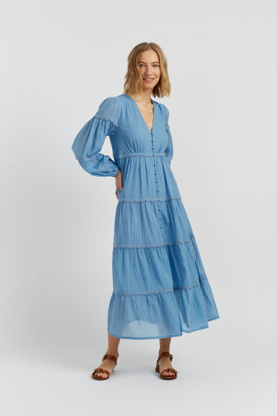 Dusty-Blue Cotton Scallop Dress