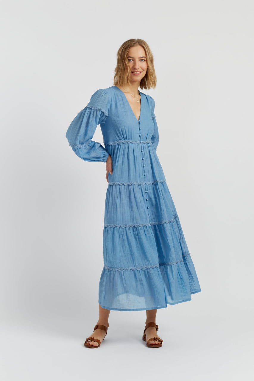 Dusty-Blue Cotton Scallop Dress - Chinti & Parker USD