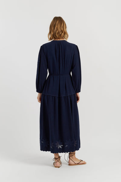 Navy Linen-Blend Broderie Dress