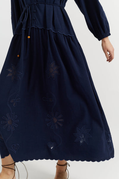 Navy Linen-Blend Broderie Dress