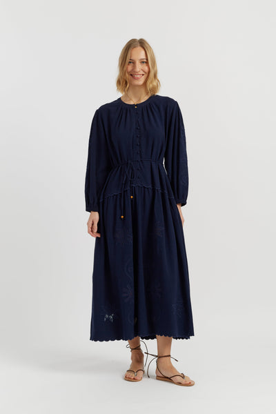 Navy Linen-Blend Broderie Dress
