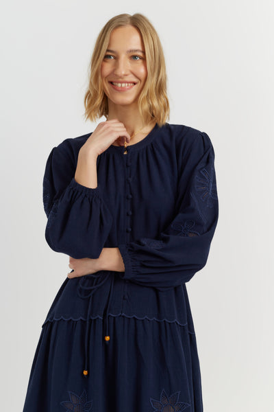 Navy Linen-Blend Broderie Dress