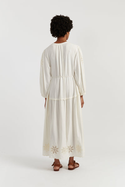Cream Linen-Blend Broderie Dress