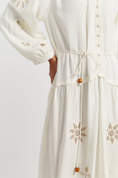 Cream Linen-Blend Broderie Dress