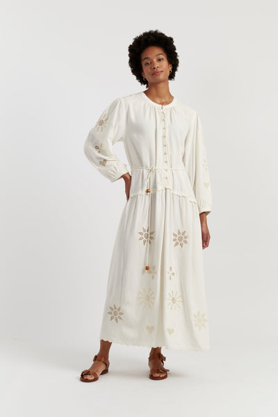 Cream Linen-Blend Broderie Dress