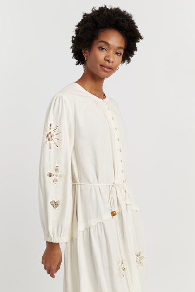 Cream Linen-Blend Broderie Dress