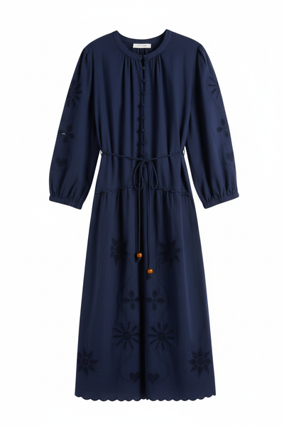 Navy Linen-Blend Broderie Dress