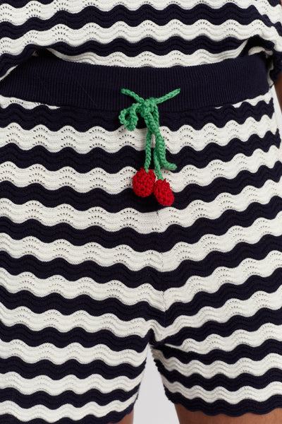 Navy Cotton Cherry Crochet Shorts