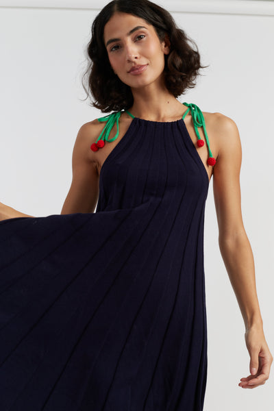 Navy Cotton Cherry Swing Dress
