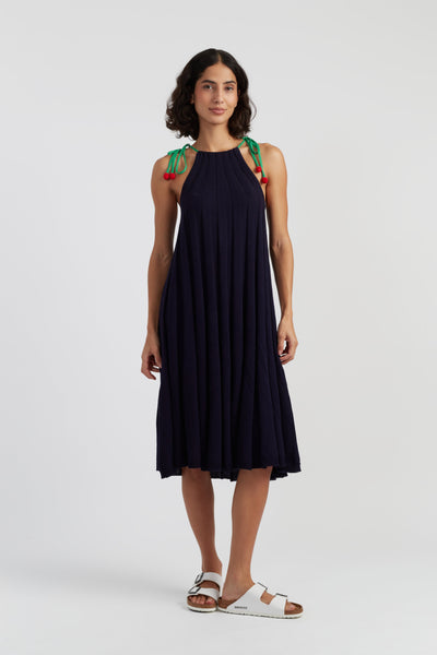 Navy Cotton Cherry Swing Dress
