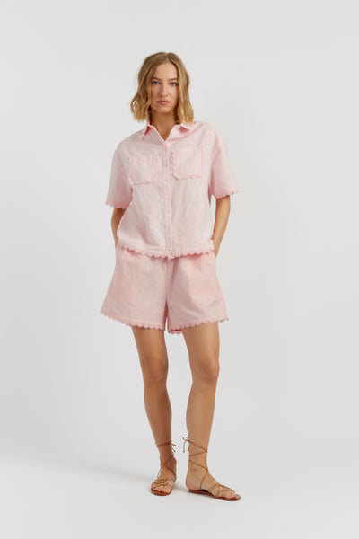 Light-Pink Linen-Blend Scallop Edge Shorts