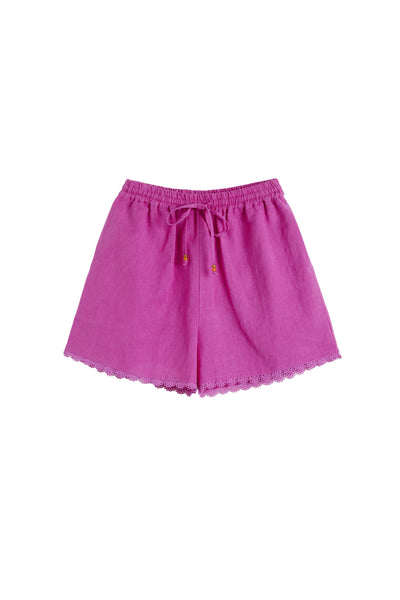 Magenta Linen-Blend Scallop Edge Shorts