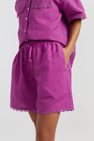 Magenta Linen-Blend Scallop Edge Shorts