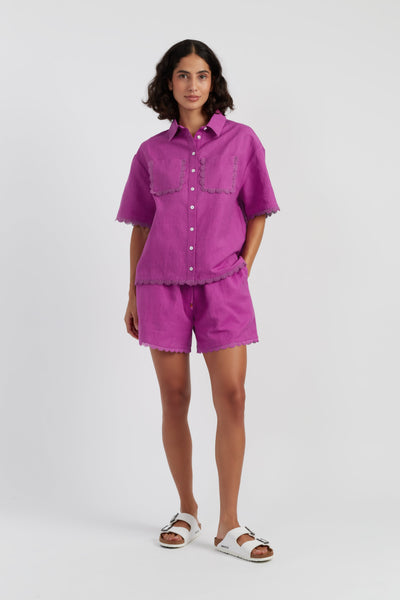 Magenta Linen-Blend Scallop Edge Shorts