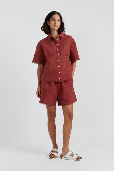 Sienna Linen-Blend Scallop Edge Shorts