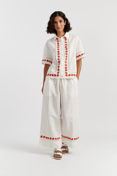 Cream Linen-Blend Strawberry Trousers