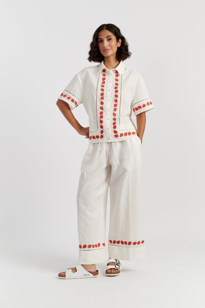 Cream Linen-Blend Strawberry Trousers