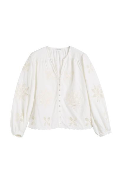 Cream  Linen-Blend Broderie Blouse