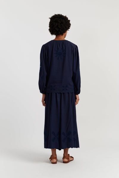 Navy Linen-Blend Broderie Blouse