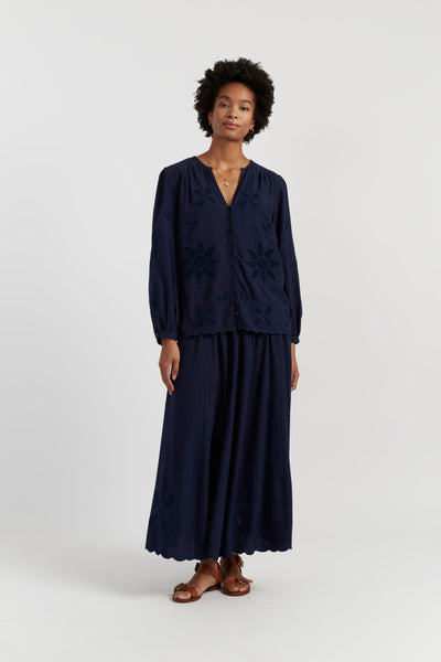 Navy Linen-Blend Broderie Skirt