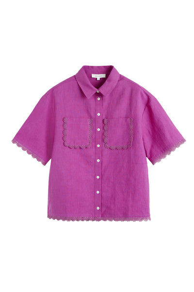 Magenta Linen-Blend Scallop Edge Shirt