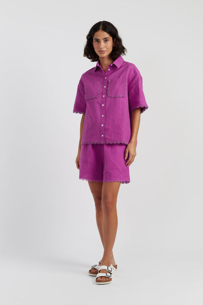 Magenta Linen-Blend Scallop Edge Shirt