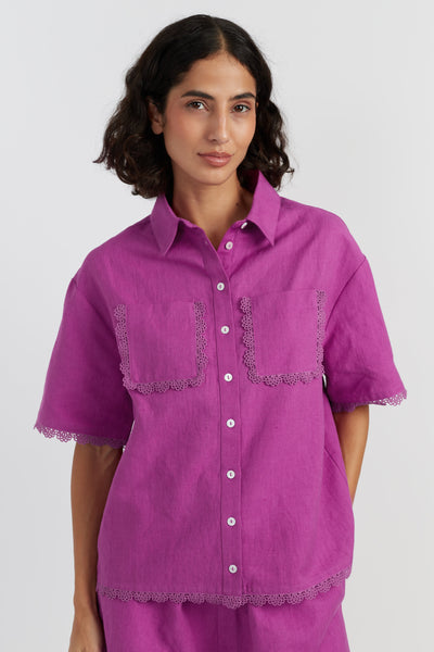 Magenta Linen-Blend Scallop Edge Shirt