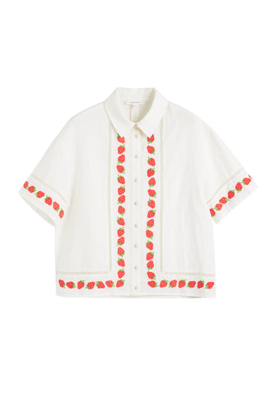 Cream Linen-Blend Strawberry Shirt
