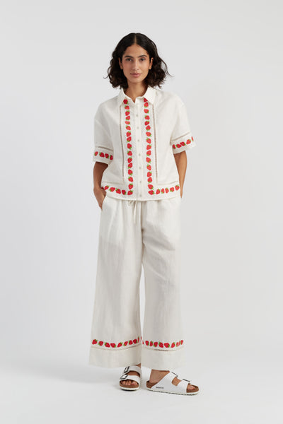 Cream Linen-Blend Strawberry Shirt