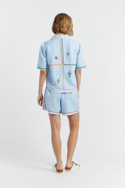 SAMPLE SALE - NO REFUNDS Blue Linen-Cotton Peanuts Vacation Shorts