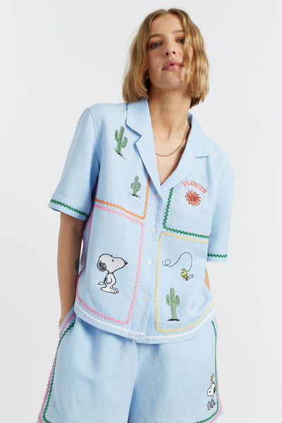 SAMPLE SALE - NO REFUNDS Blue Linen-Cotton Peanuts Vacation Shirt