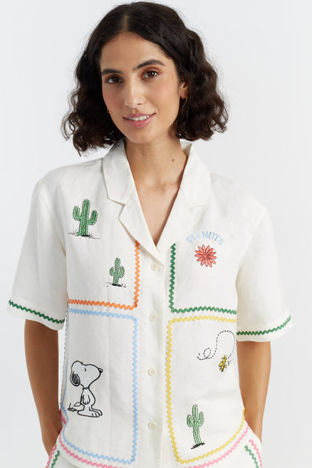 SAMPLE SALE - NO REFUNDS Cream Linen-Cotton Peanuts Vacation Shirt