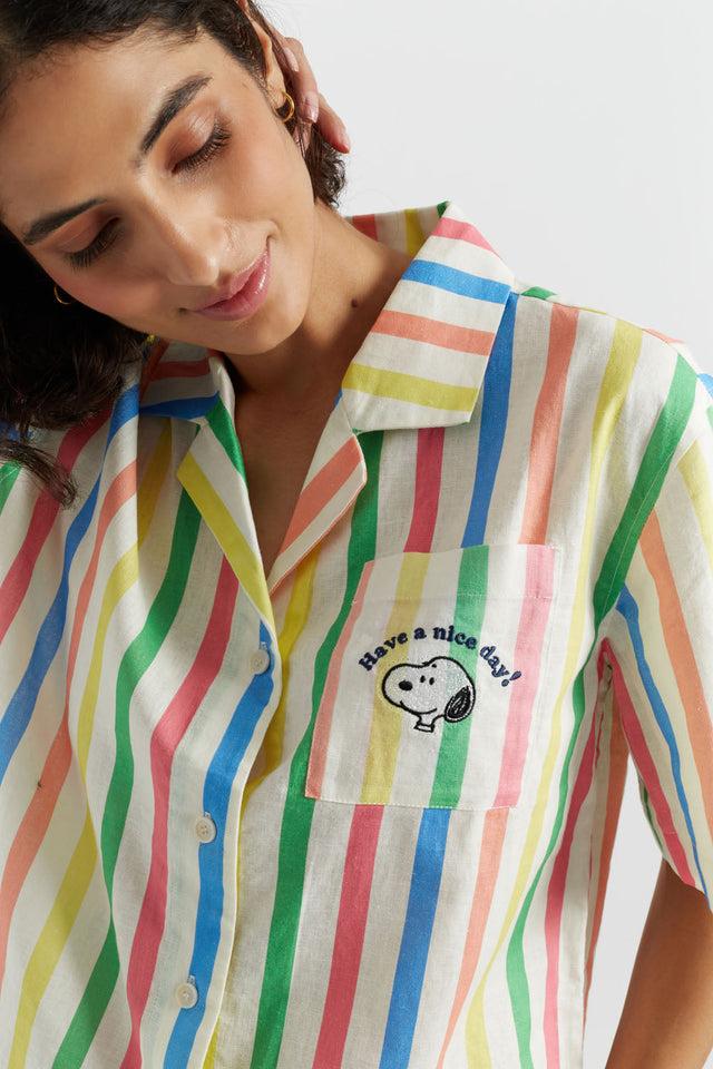 Multi Linen-Cotton Snoopy Stripe Shirt image 2