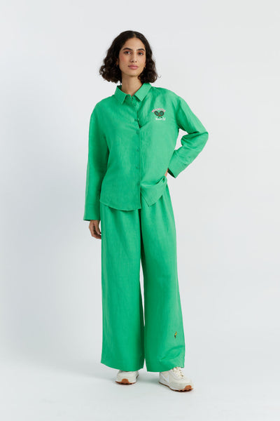 SAMPLE SALE - NO REFUNDS Green Linen-Cotton Peanuts Racquet Club Trousers