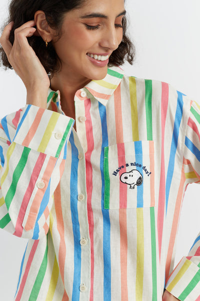 SAMPLE SALE - NO REFUNDS Multi Linen-Cotton Snoopy Stripe Long Sleeve Shirt
