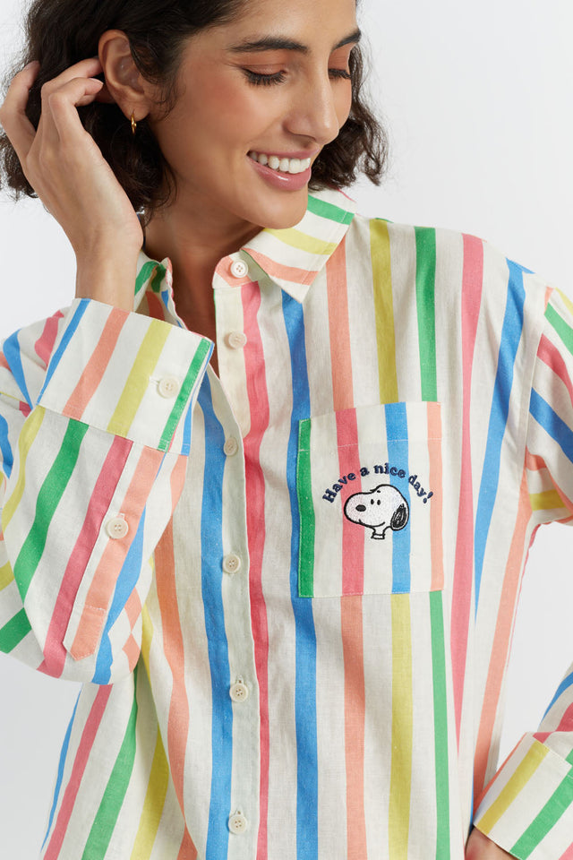 Multi Linen-Cotton Snoopy Stripe Long Sleeve Shirt image 1