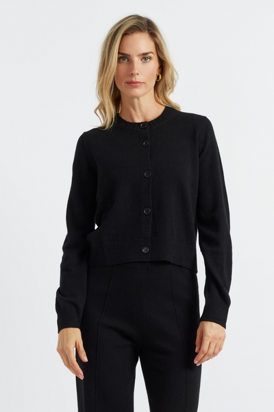 Black Wool-Cashmere Crew Neck Cardigan