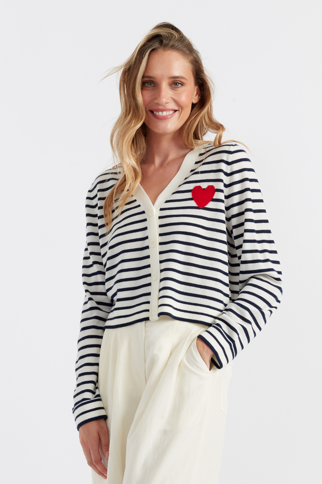 Cream-Navy Merino Heart Breton Cardigan image 1