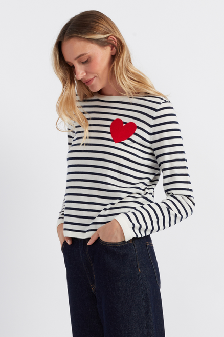 SAMPLE SALE - NO REFUNDS Cream-Navy Merino Heart Breton Sweater