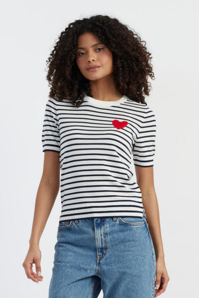Cream-Navy Merino Heart Breton T-shirt